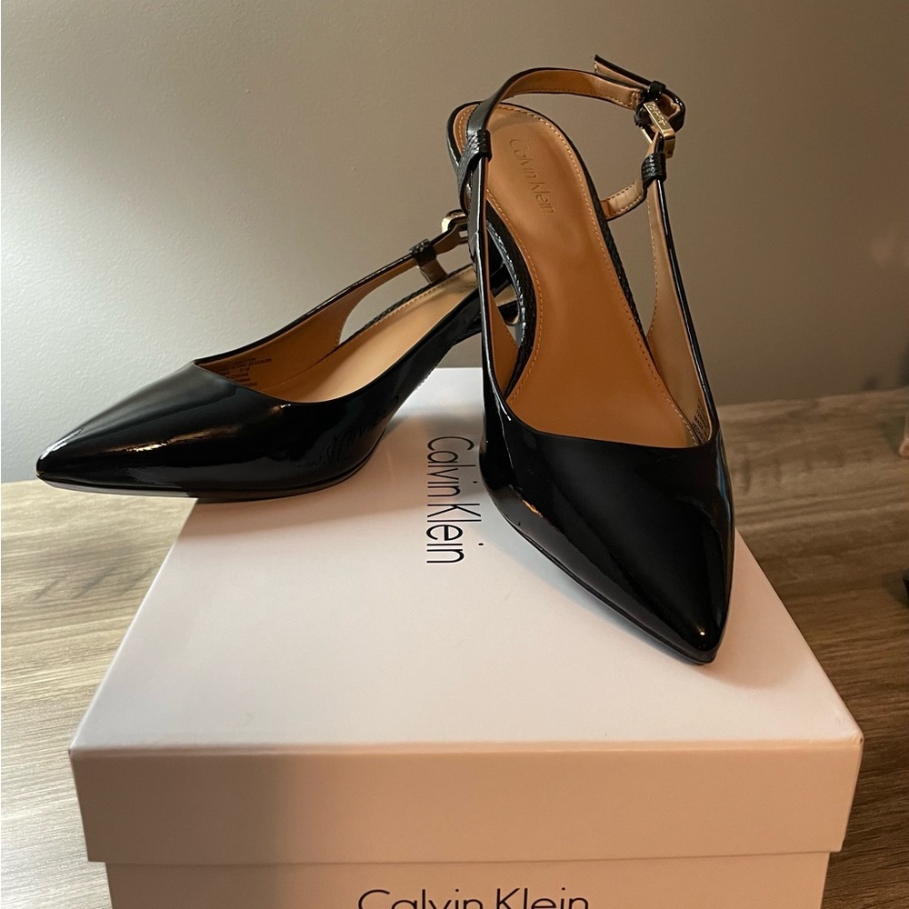 NWB Calvin Klein Patsi Black Patent Leather sling back pumps